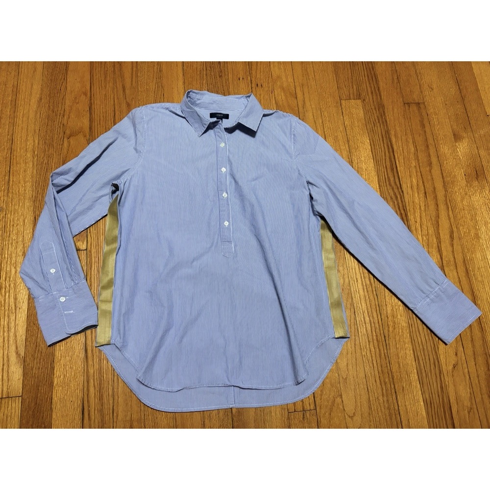 J Crew Size 12 Popover Shirt in Stripe Button Front Blue Gold Side Strips